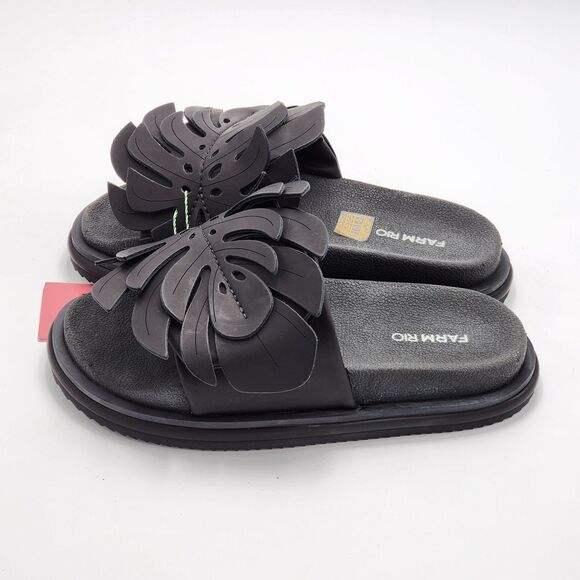 Farm Rio Monstera Leaf Anatomic Slide Sandals Black Size 7 NWT - Picture 5 of 9